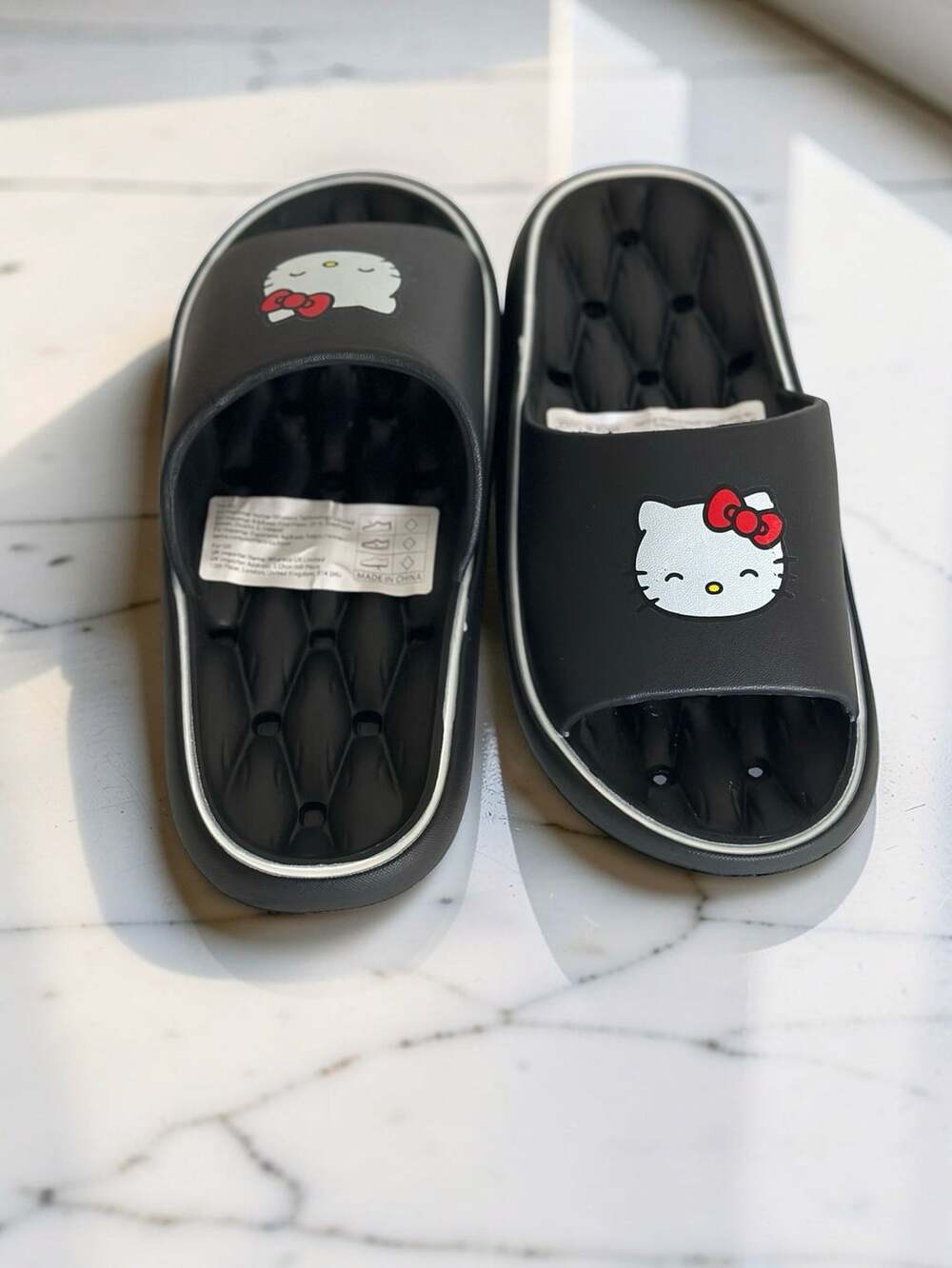 Hello Kitty Black Slide Slippers with Red Bow & Diamond Pattern Insole-36-37